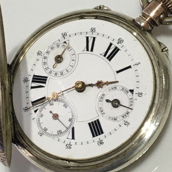 Antique Tissot QUANTIEME Cylindre Geneve Calendar Silver pocket watch Runs - Picture 3 of 10